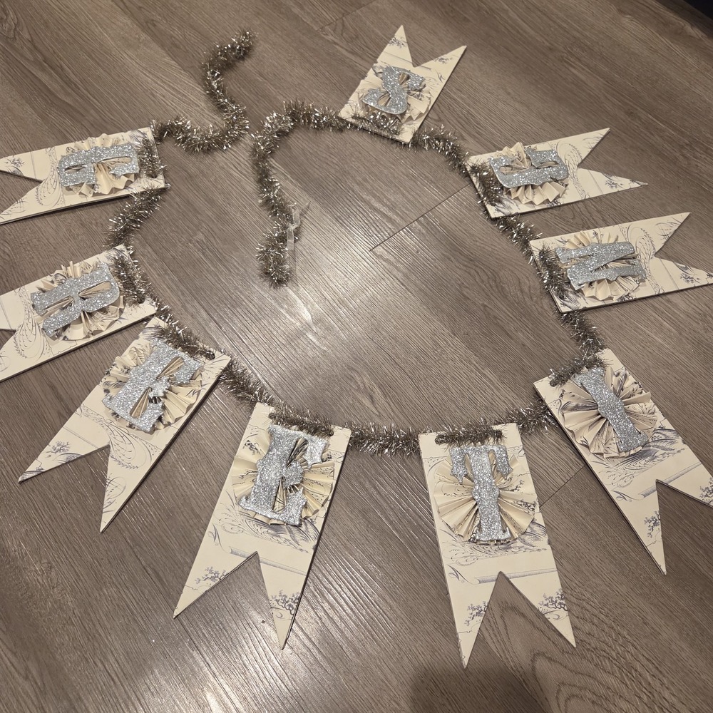 Vintage Bethany Lowe "Greetings" Garland Decorations Paper Rosettes 73" Long